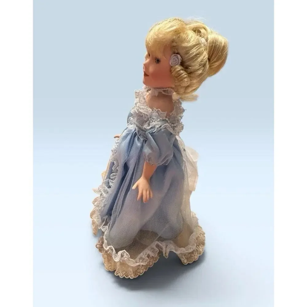 Vintage Porcelain Doll Blonde Curly Hair Blue Dress Lace White Shoes